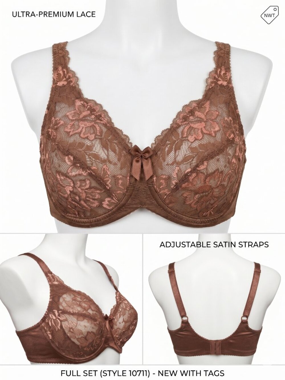 Lunaire Sheer Lace Bra 38C NEW Chocolate Brown Underwire Side Support 10711